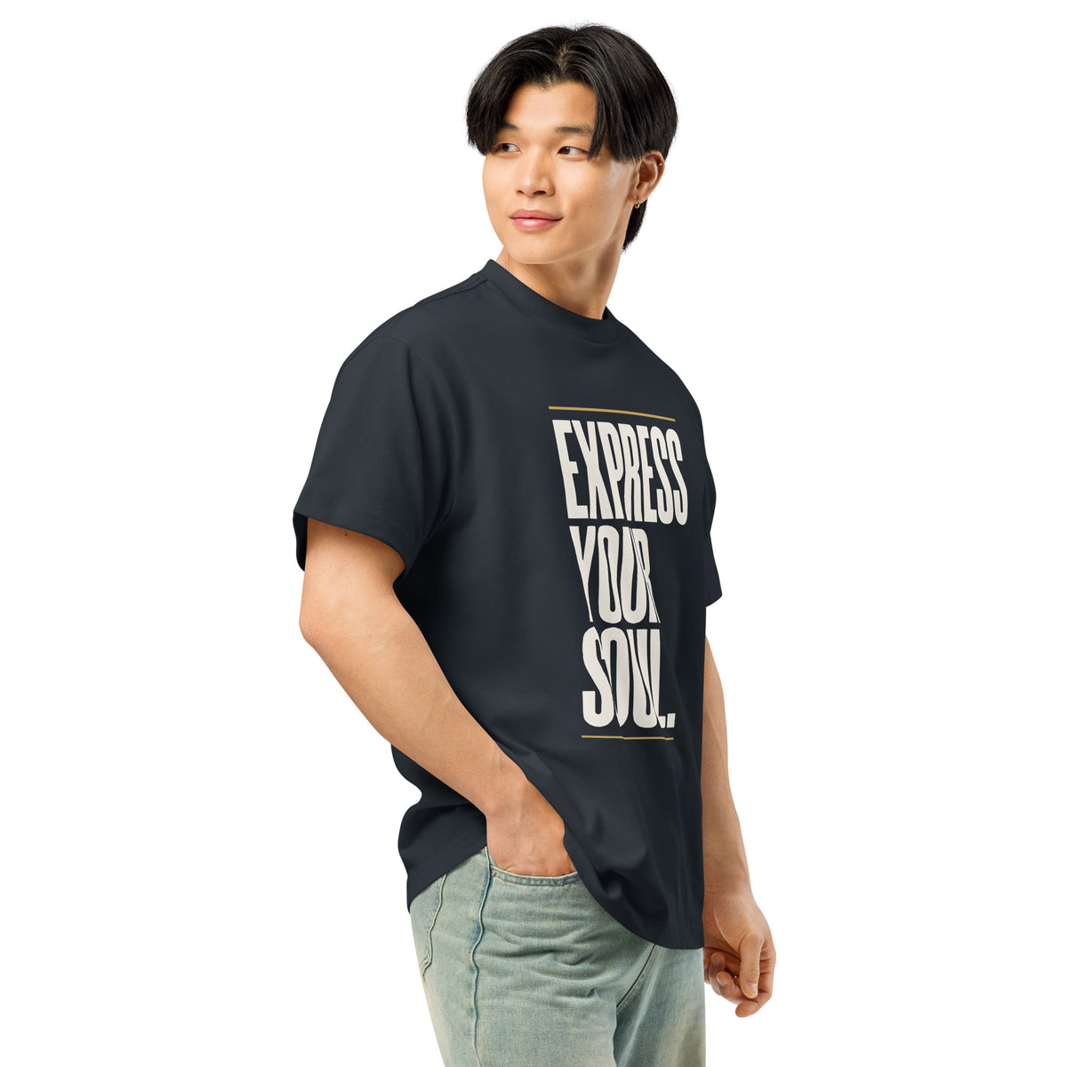 Express Your Soul Tee in navy, right front view
