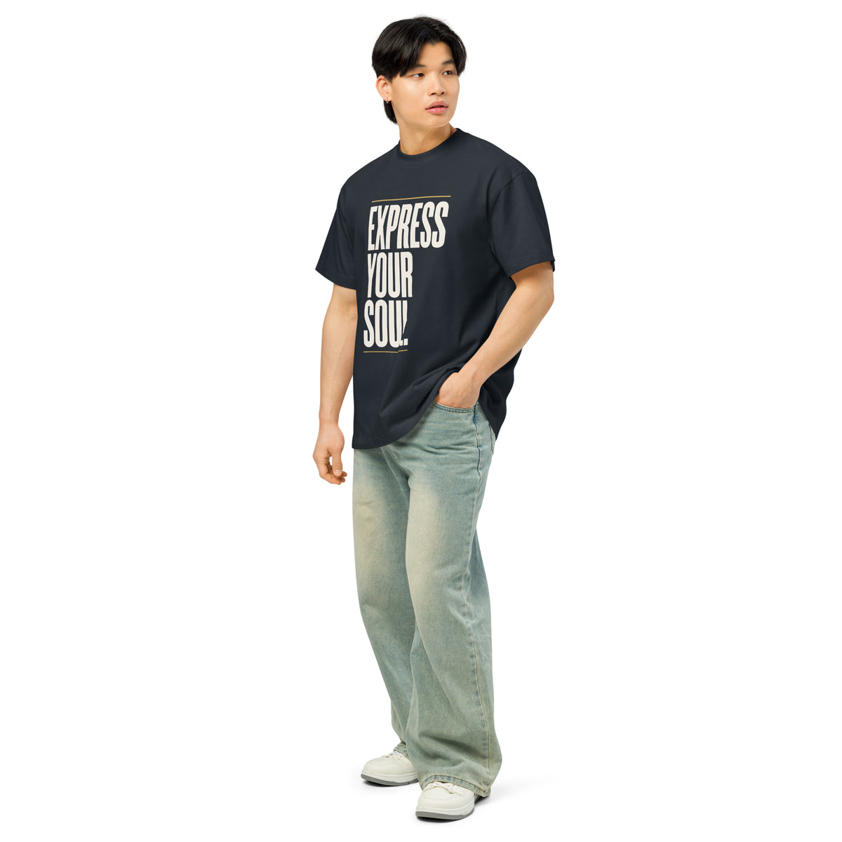 Express Your Soul Tee in navy, left front view